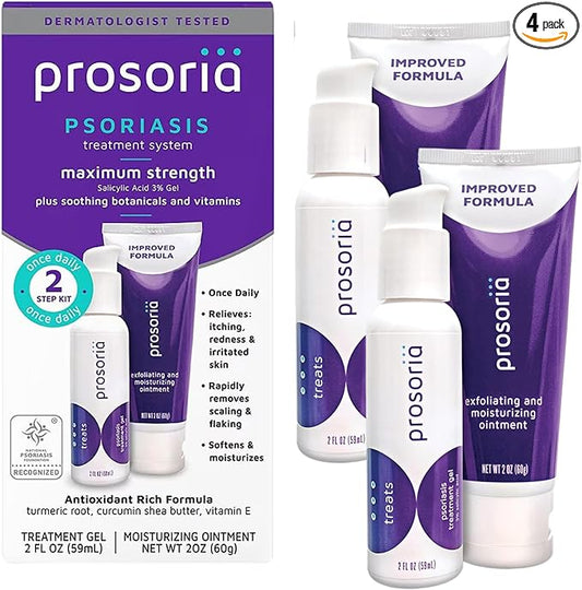 Prosoria Treatment System Double Kit – 2oz | Powerful Psoriasis Relief with Salicylic Acid, Turmeric, Shea Butter & Vitamins | Gel & Ointment for Scaling, Flaking, Dryness, Itching & Redness Relief