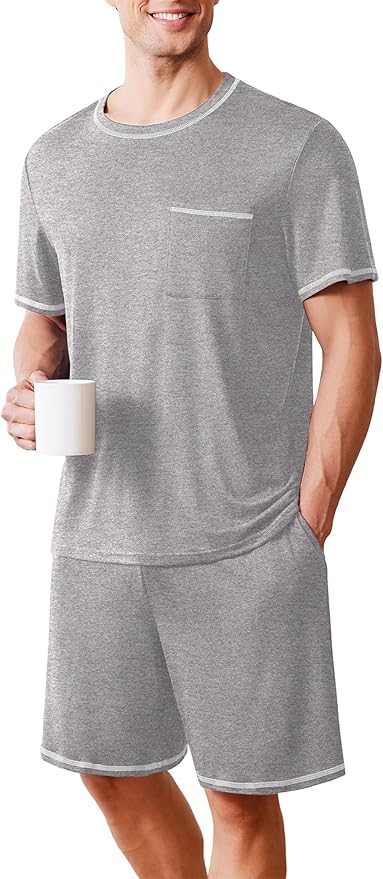 Ekouaer Men's Pajamas Set Casual Short Sleeve Shirts and Shorts Soft 2 Piece Loungewear With Pockets