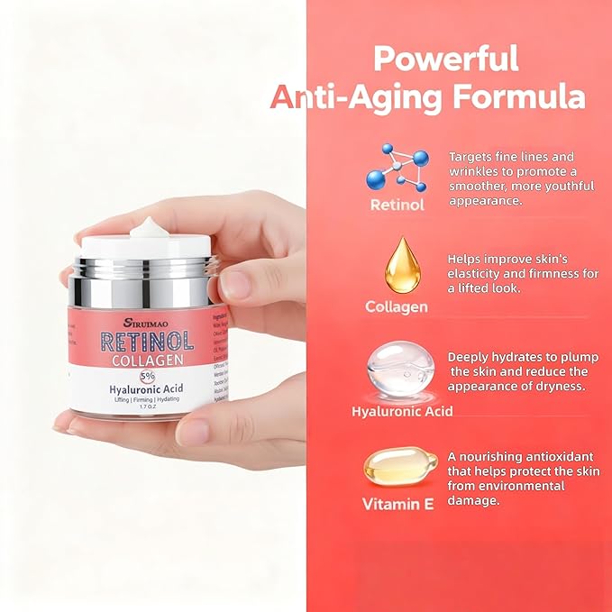 Retinol, Collagen & Hyaluronic Acid Cream, Anti-Wrinkle Face Moisturizer for Day & Night Use | Firming Neck & Décolleté Treatment 1.7 fl oz
