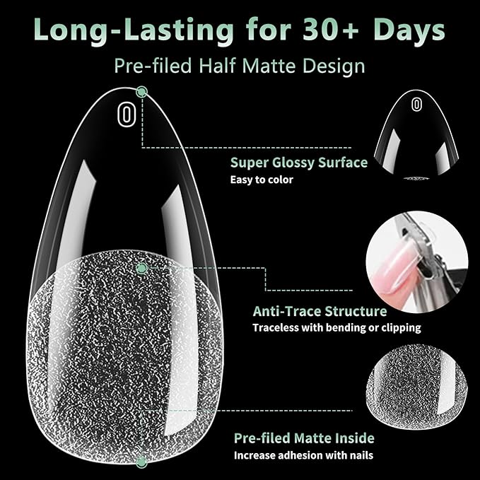 Medium Almond Nail Tips, 216pcs Acrylic Fake Nails Gel Nail Tips Soft, Full Cover Pre-Shaped Matte Clear Press on Nails for Extension, Diy at Home Manicure 12 Sizes