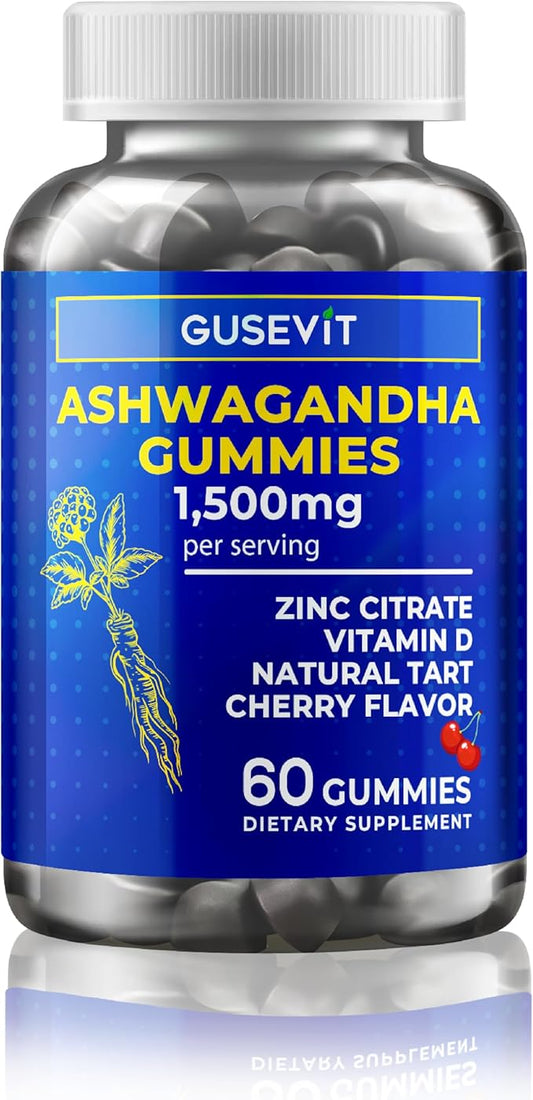 Ashwagandha Gummies 1,500mg with Vitamin D & Zinc | Vegan Ashwaghandha Supplement for Mood & Immune Support, Focus & Relaxation | Gluten-Free, Non-GMO | Cherry Flavor, 60 Ct