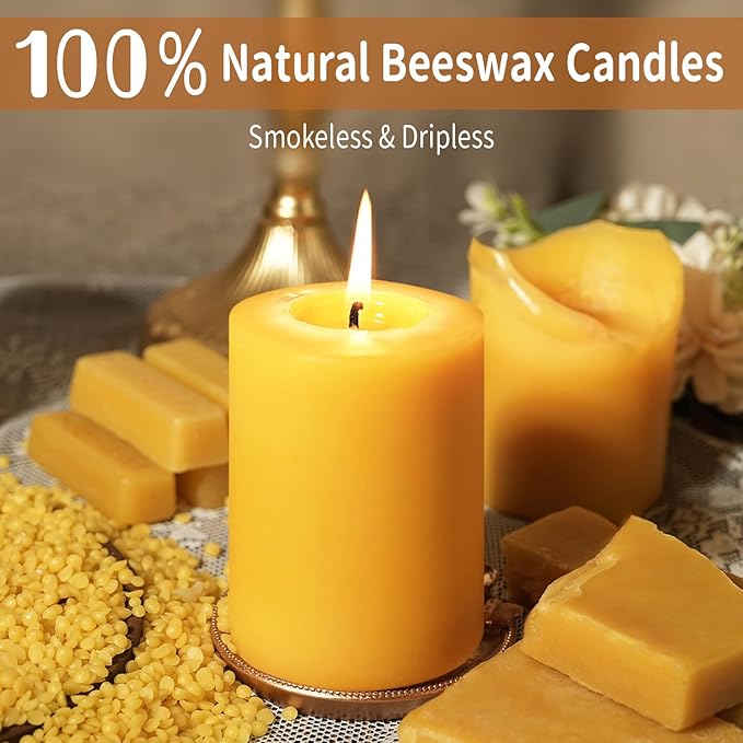 Natural Beeswax Pillar Candle, 110 Hours Long Burning Emergency Candle Unscented Pure Beeswax Pillar Candles 3x4in Dripless Bees Wax Candles for Home Paryer, 2 Packs