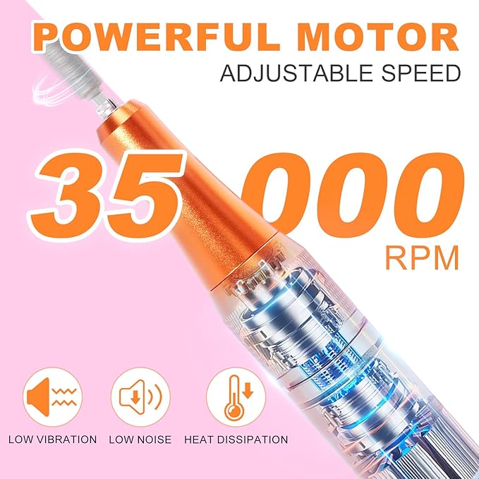 MEKK Nail Drill Kit,35000RPM Electric Nail Drill Professional Electric Nail File with 12PCS Bits,Anti-Shaking Cordless E Filer for Nails,Home & Salon(Orange-Pink)