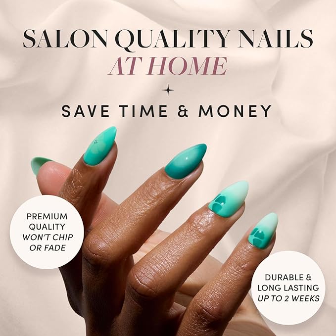 Glamnetic Press On Nails - Siren Green | Short Almond Fake Nails with an Aquamarine Gradient and Tropical Flower Accents, Salon Quality Summer Nails | 15 Sizes - 30 Nail Kit with Glue