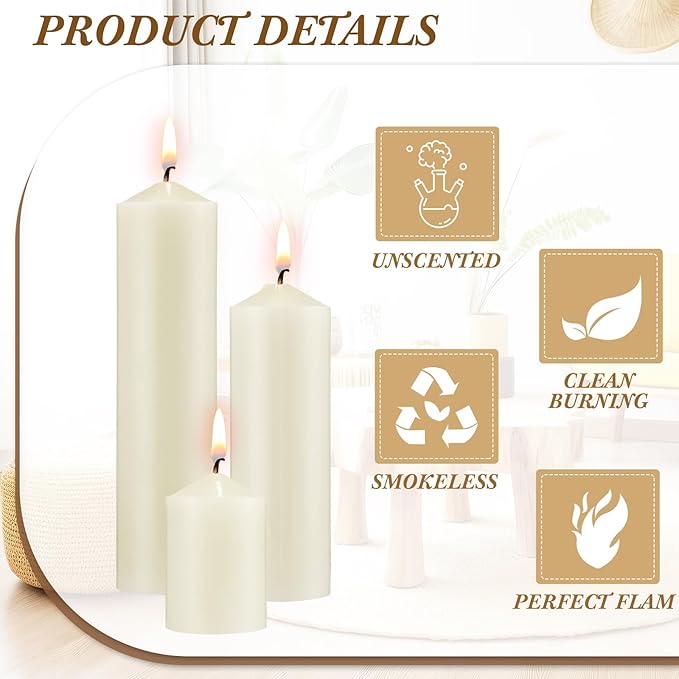MTLEE 18 Pcs Set of 3 Pillar Candles Bulk 2 in x 3, 6, 8 Long Burning Clean Unscented Smokeless Pillar Candles for Wedding Emergency Lanterns Ceremony Party (Ivory White)