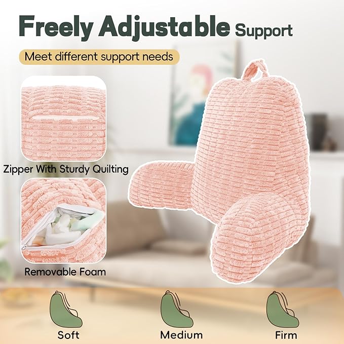21" Higher Large Reading Pillow for Bed Adult, Back Pillow for Bed Sitting Up with Memory Foam Back Support with Arms Rest for Couch Chair Pink