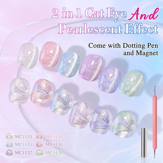 Double Rhythm Cat Eye Gel Nail Polish Set of 6 Same Color Same Bottle 0.5 Oz Shimmer Glitter with Magnet Holographic Reflective Magnetic UV Nail Polish Kit (Pearl Pink Blue Green Purple-T6-36)