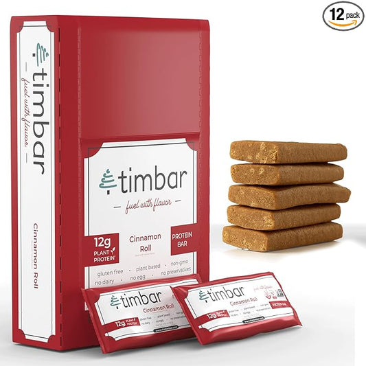 timbar Vegan Protein Bars 12 Pack | 12g Protein & 9g Fiber Plant Based- Energy & Nut Bars | Gluten Free, Non-GMO, Dairy Free, Healthy On-the-Go Snack & Meal Replacement (12 Packs, Cinnamon Roll)