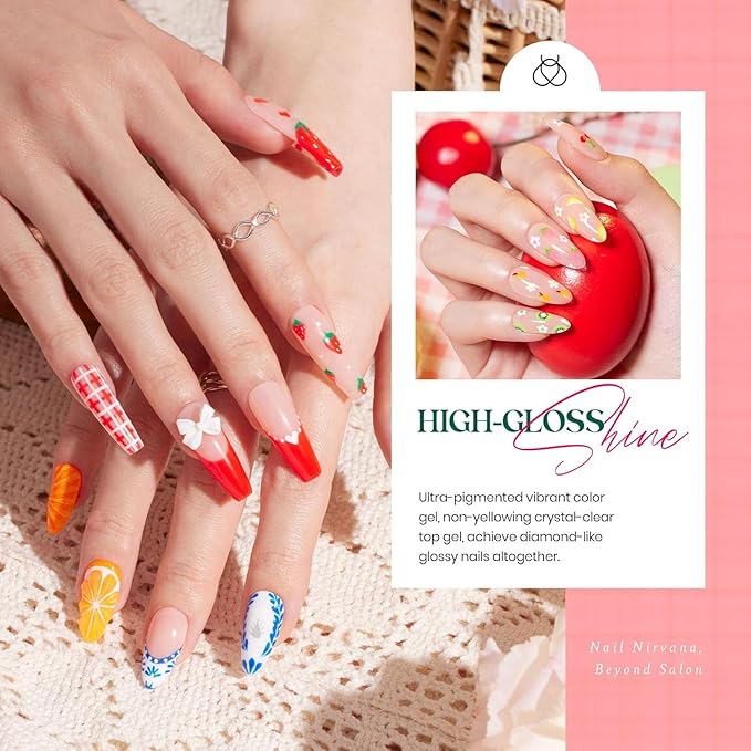 Beetles Gel Nail Polish Set-36 Colors Rainbow Nails Neon Juicy Picnic Party Collection & Rhinestone Gel Nail, 46Pcs Fruit Bubbles Nails Blue Green Pink Color with Top Base Coat Liner Brush