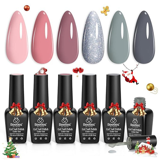 Beetles Gel Nail Polish Set 6 Colors Pink Nude Gray Glitter Gel Polish Wedding Nail Polish Bridesmaid Nail Art Design Soak Off Uv LED Lamp Needed Manicure Set Gifts for Women Bridesmaid Beauty