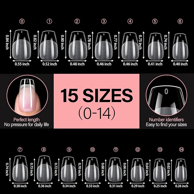 AILLSA Medium Coffin Nail Tips 240Pcs Soft Fake Nail Gel Tips Pre-Shaped Acrylic Nail Tips, Half Matte Full Cover Clear Tips False Press on for Extension Manicure Home DIY 15 Sizes Gelly Tips