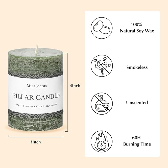 3x4 Inch Moss Green Pillar Candles - Set of 3, Long Clean Burning, Smokeless Dripless Candles for Spring Home Decor, Dinner Table, Bathroom, Rustic Decor