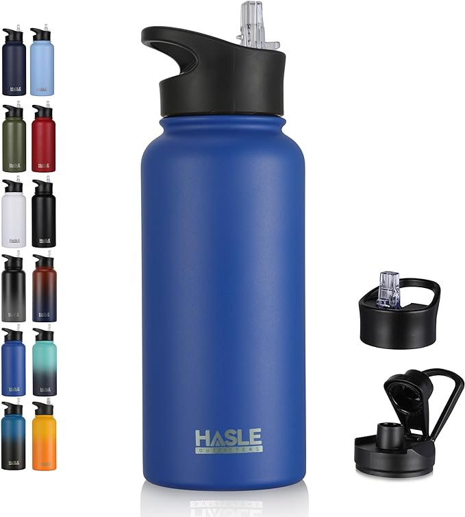 HASLE OUTFITTERS 32 oz Insulated Water Bottle Stainless Steel Double Walled Vacuum Sports Water Bottle with 2 Lids (Straw and Spout Lid) for Gym Camping Hiking(Royal Blue,1)
