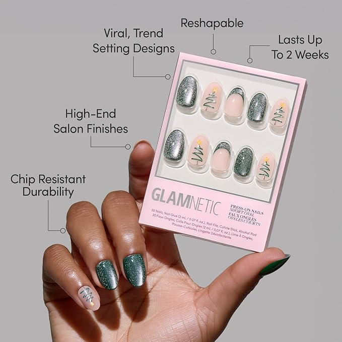 Glamnetic Press On Nails - Velvet Pine | Short Oval Fake Nails in Deep Green with French Tips, Tree Designs and a Velvet Finish, Salon Quality Holiday Nails | 15 Sizes - 30 Nail Kit with Glue
