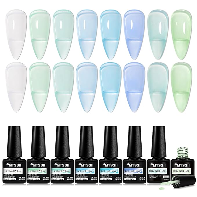MTSSII Jelly Green Blue Gel Nail Polish Set, 8 Transparent Sage Green Baby Blue Gel Polish Matcha Avocado Soak Off Nail Art Design Home Manicure Kit Gifts