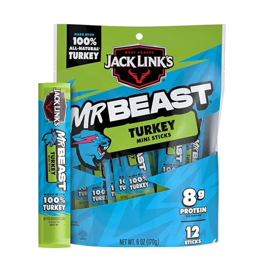Jack Link’s x MrBeast Turkey Mini Sticks – 8g Protein per Serving, Individually Wrapped Meat Sticks, Made with 100% All Natural Turkey, Zero Sugar, Pantry-Ready, Kids Snacks, 0.5oz (12 Count)