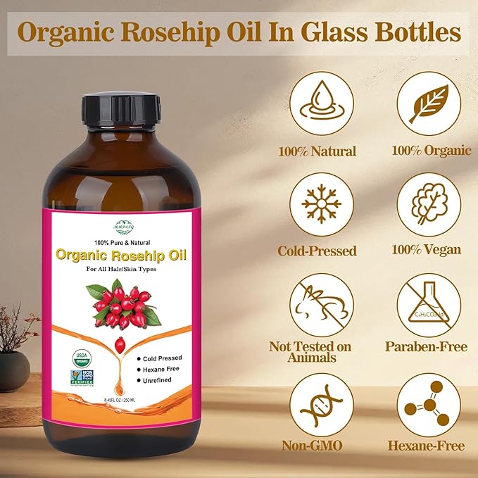 Rosehip Seed Oil for Face, 100% Pure Natural Organic Rosehip Oil Cold Pressed Unrefined Facial Oil for Anti-Aging, Acne Scar, Moisturizing Skin Hair Care (No Dropper, 8.45oz/250ml)