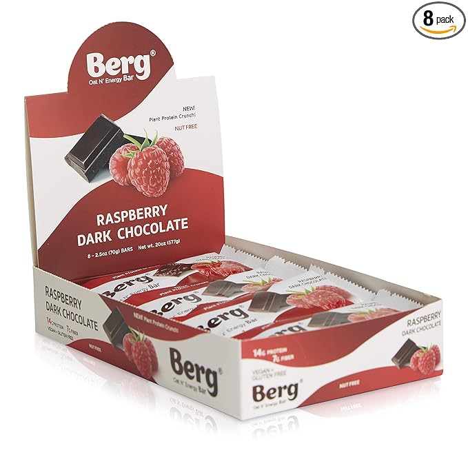 Berg Oat N' Energy Bar | Raspberry Dark Chocolate | Plant Based Protein Bar | Non-GMO, Gluten Free, Nut Free and Vegan | Low Sugar, Healthy Snack Bar | High Fiber | On The Go | 2.5oz (8 Packs)