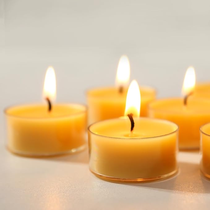 Pure Beeswax Tealight Candles-16 Pack - Handmade Natural Beeswax Tea Candles in Clear Cup | 4 Hour Extended Burn Time | Smokeless Beeswax Candles | for Home Deco, Fragrance, Relax