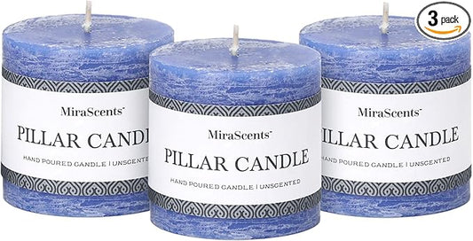 3x3 Inch Blue Pillar Candles Set of 3 - Hand-Poured Unscented Candle, Long Clean Burning, Large Big Candles, Smokeless Dripless Candle for Dinner Table, Wedding, Home, Bathroom, Rustic Decor