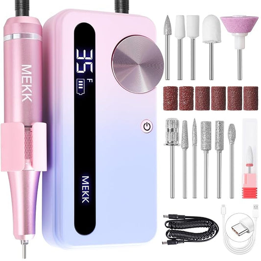 MEKK Nail Filer Electric Nail File,35000RPM Electric Nail Drill Kit with 12PCS Bits,Professional Anti-Shaking Cordless Nail Drill for Acrylic Nails,Home & Salon-Pink