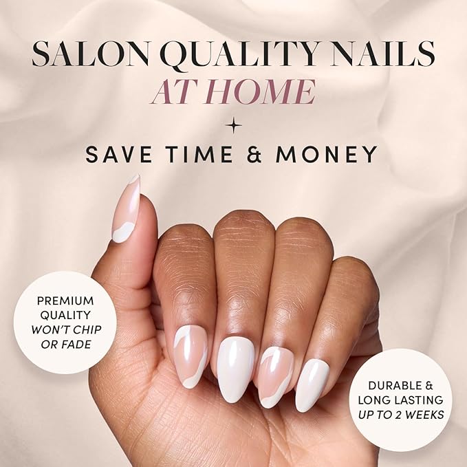 Glamnetic Press On Nails - Lovey Dovey | Glossy, Semi-Transparent Short Almond Nails with Abstract Accents, Salon Quality | 15 Sizes - 30 Nail Kit with Glue