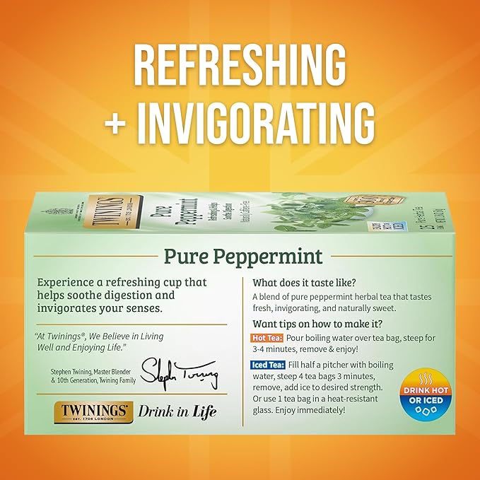 Twinings Pure Peppermint Herbal Tea Individually Wrapped Bags, 25 Count (Pack of 6), Fresh Minty Flavour, Naturally Caffeine-Free, Enjoy Hot or Iced, 150 Teabags
