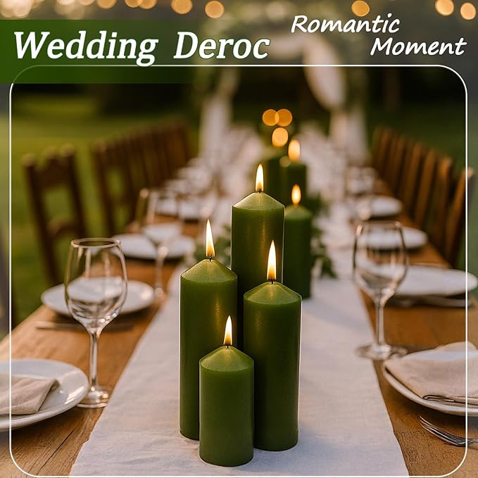 36 Pcs Green Pillar Candles Bulk Set，Hurricane Candles，3 Different Lengths (12 Each)，Dripless Unscented Smokeless，Gives You a Better Atmosphere When Organizing Wedding or Event Party.