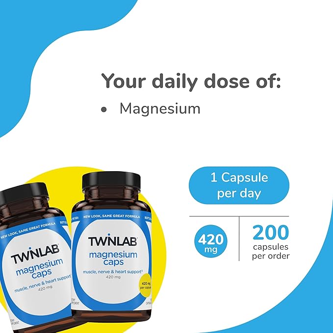 Twinlab Magnesium Caps - High Absorption Magnesium Supplement to Support Leg Cramps Relief - Magnesium Capsules for Stress Relief, 420 mg, 100 Count, 2 Pack