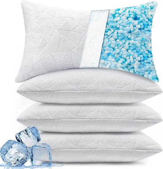 BETU Cooling Pillows Standard Size Set of 4, Shredded Memory Foam Bed Pillows,Adjustable Firm Support Cool Pillow for Neck Pain and Side Sleeping,White