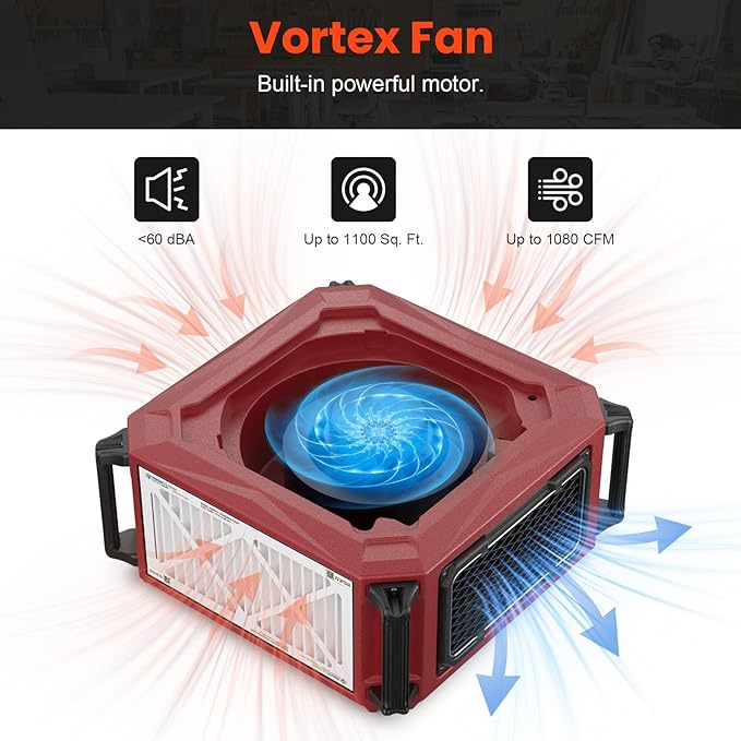 Abestorm 1080 CFM Intake Air Filtration System, 270 Degree Workshop Dust Collector with Remote Control, Ceiling Mounted for Woodworking Shops and Garage, 2-speed Adjustment, DecDust 1080