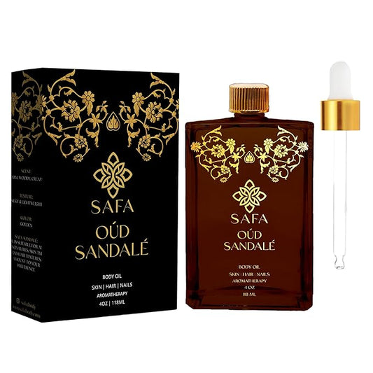SAFA Oud Sandalé Oil – Organic Oud & Sandalwood Essential Oil for Hair, Body, Face & Nails – Arabian Perfume Oil for Women & Men - Strong & Long Lasting Fragrance 4 Fl Oz