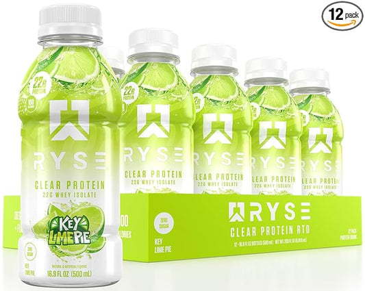 RYSE Clear Protein Shake - Key Lime Pie - 100 Calories, 22g Whey Isolate Protein, Sugar-Free, 0g Fat & Lactose-Free - Refreshing Ready-to-Drink Beverage - 16.9 fl oz Bottles (12-Pack)