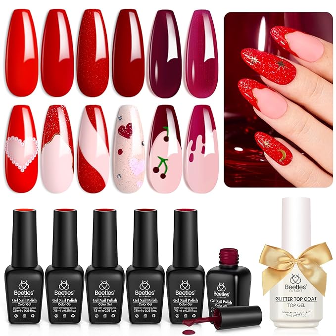 Beetles Red Gel Nail Polish Set with Top Coat, Winter Gel Polish 6 Colors Popular Shimmer Red Burgundy Nail Art Design Soak Off Uv LED Minicure DIY Home Gifts for Women