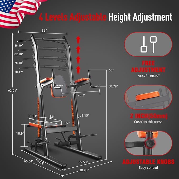 HARISON Multifunction Power Tower with Bench, Heavy Duty Pull Up Bar Dip Station for Home Gym Workout Strength Training Fitness Equipment
