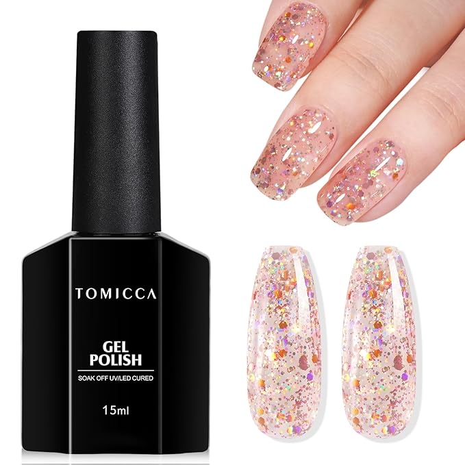 TOMICCA Glitter Gel Polish, 15ml Champagne Gold Sparkly Gel Nail Polish, Soak Off UV Nail Polish Natural Color Nail Art DIY Manicure Salon