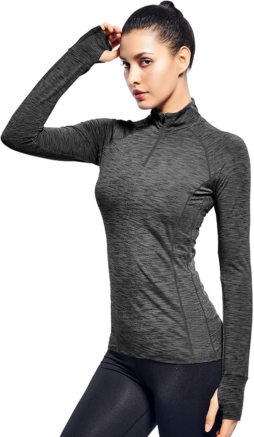 Zengjo Womens Quarter Zip Long Sleeve Workout Tops 1/4 Zip Running Pullover