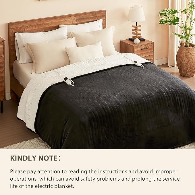 Homemate Electric Heated Blanket Twin - 62"x84" Heating Bed Blankets Throw with 10 Heating Levels 8 Hours Auto Off Fast Heating Over-Heated Protection Ultra Soft Warm Flannel ETL Certified Black