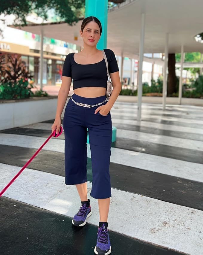 Promover Capri Pants for Women Wide Leg Yoga Cropped Pants with Pockets Loose Casual Summer Pants