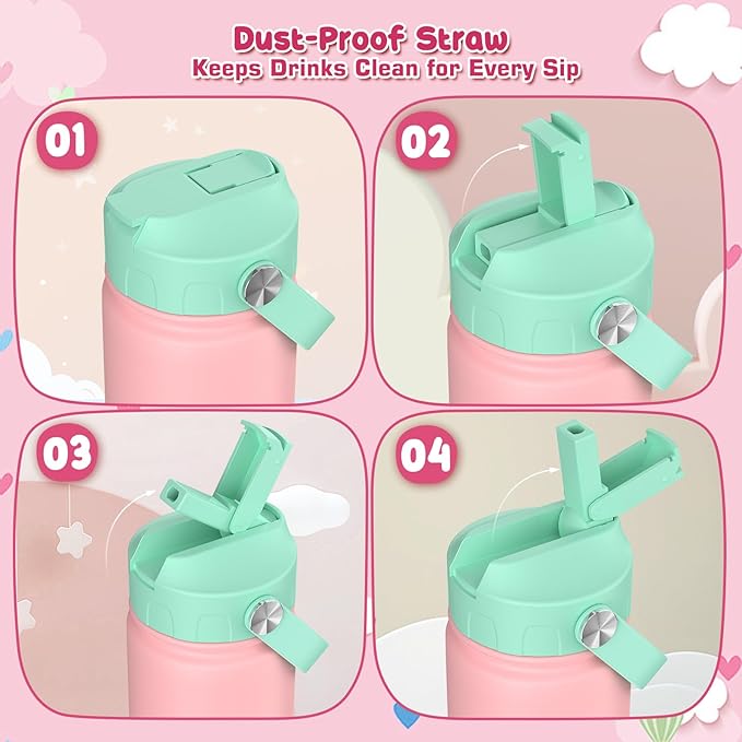 GoKEDA 18oz Kids Water Bottle, 2 Pack Insulated Bottles with Stickers, 18/8 Stainless Steel Vacuum Leak Proof Straw Cup for School, Gifts for Girls(Pink, Purple)