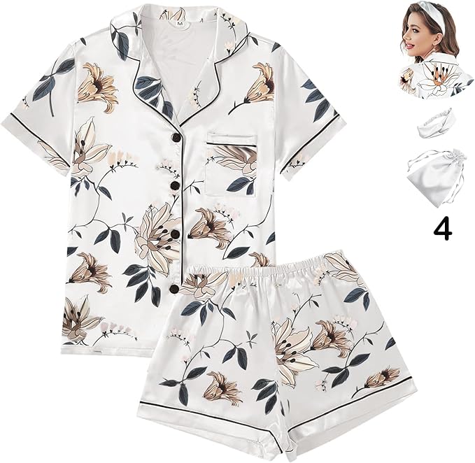 4Pcs Womens Satin Silky Pajama Sets Short Sleeve Shirt XS-4XL Floral Pajamas Set Soft PJ Loungewear Sleepwear