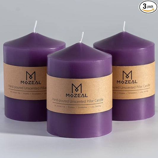 MOZEAL 3" x 4" Hand-Poured Unscented Purple Pillar Candles,Dripless Candles Set of 3,Smokeless,Clean Burning,Approx 60 Hours Burn Time,Wedding,Dinner,Christmas and Home Decor（3 Inch Width Series）