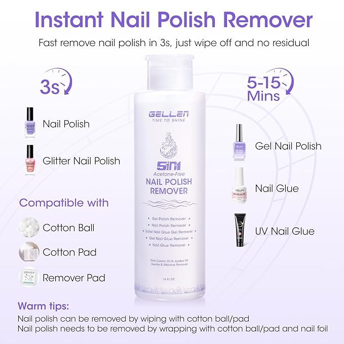 Gellen 16 Fl Oz Nail Polish Remover Non Acetone, Professional Nail Polish Remover Pump | Soak off Gel Polish Remover Kit for Nails | Multifunctional 5 in 1 Gel Nail Remover