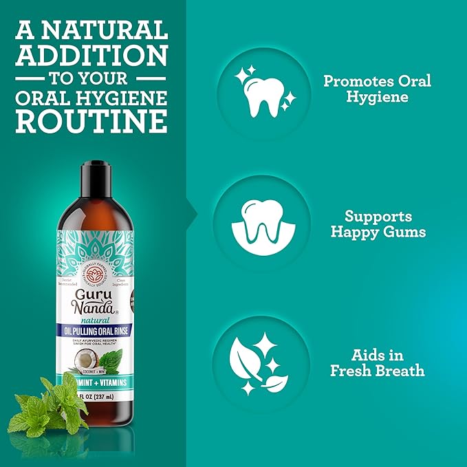 GuruNanda Coconut & Mint Oil Pulling with Tongue Scraper & Teeth Whitening Strips - 7 Treatments with 14 Strips - Enamel-Safe Strips for Sensitive Teeth