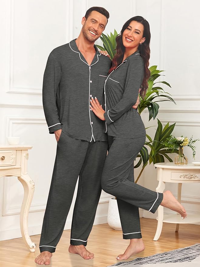 Men Modal Pajama Set Long Sleeve Pjs Button Down Sleepwear Soft Comfy Loungewear Sets 2 Piece Nightwear S-3XL