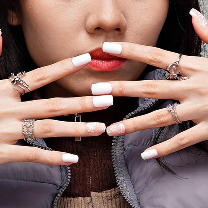 GLAMERMAID White Press on Nail Medium Square, Jelly Nude Soft Gel Nails Square Fake Nail with Flowers Design, Glossy Stick Glue 0n Nail Kit for Women, Reusable Stick on Acrylic Fake Nail Manicure Set