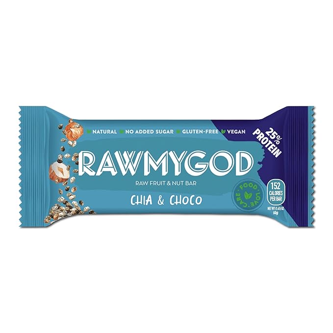 RAWMYGOD Fruit and Nut Bars, Good Source of Protein (10g, 25% protein content), Gluten Free, Vegan, No Added Sugar (16 bars, Chia & Choco)