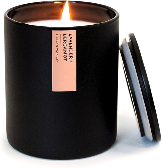 Calyan Wax Co. Soy Wax Candle, Lavender + Bergamot Scented Candle, 75 Hour Burn Time, Aromatherapy Soy Candles, Non Toxic & Vegan Soy Wax, Black Tumbler Scented Candles, 10.2oz