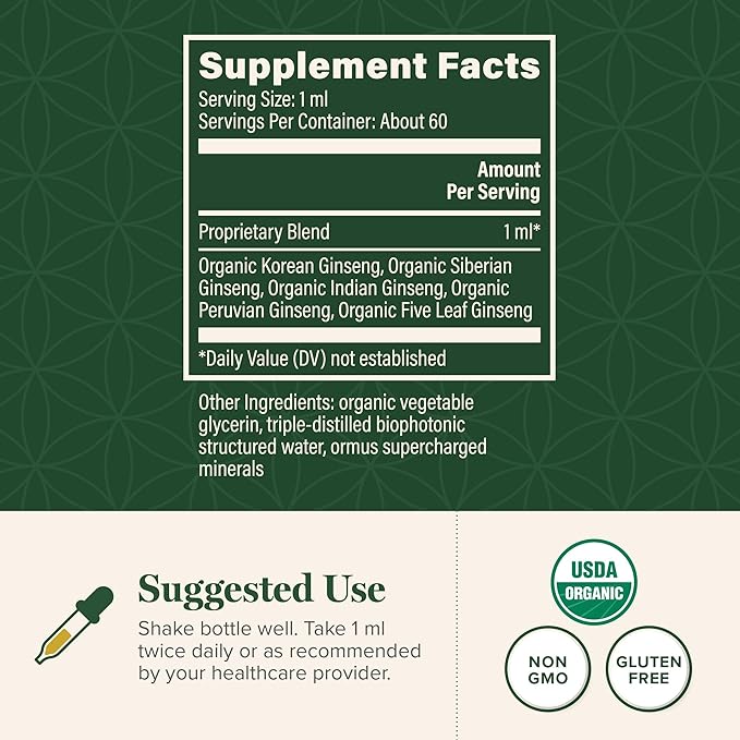 Global Healing Center - Ginseng - Organic Raw Herbal Extract - Liquid Panax Supplement Drop Promotes Energy - Korean and Siberian Ginseng Supplement, Maca, Ashwagandha - Non-GMO - 2 Fl Oz