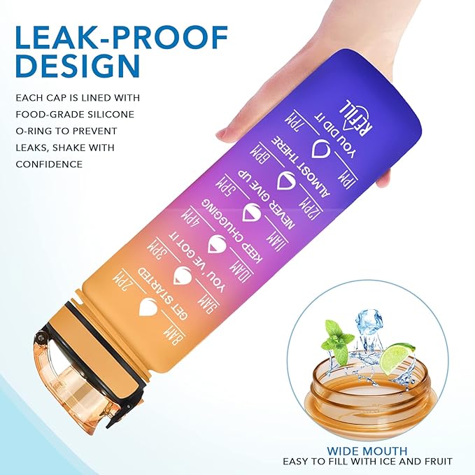 Enerbone Water Bottle, Leakproof BPA & Toxic Free, Motivational Water Bottle with Times to Drink and Straw, Fitness Sports Water Bottle with Strap for Office, Gym, Outdoor Sports